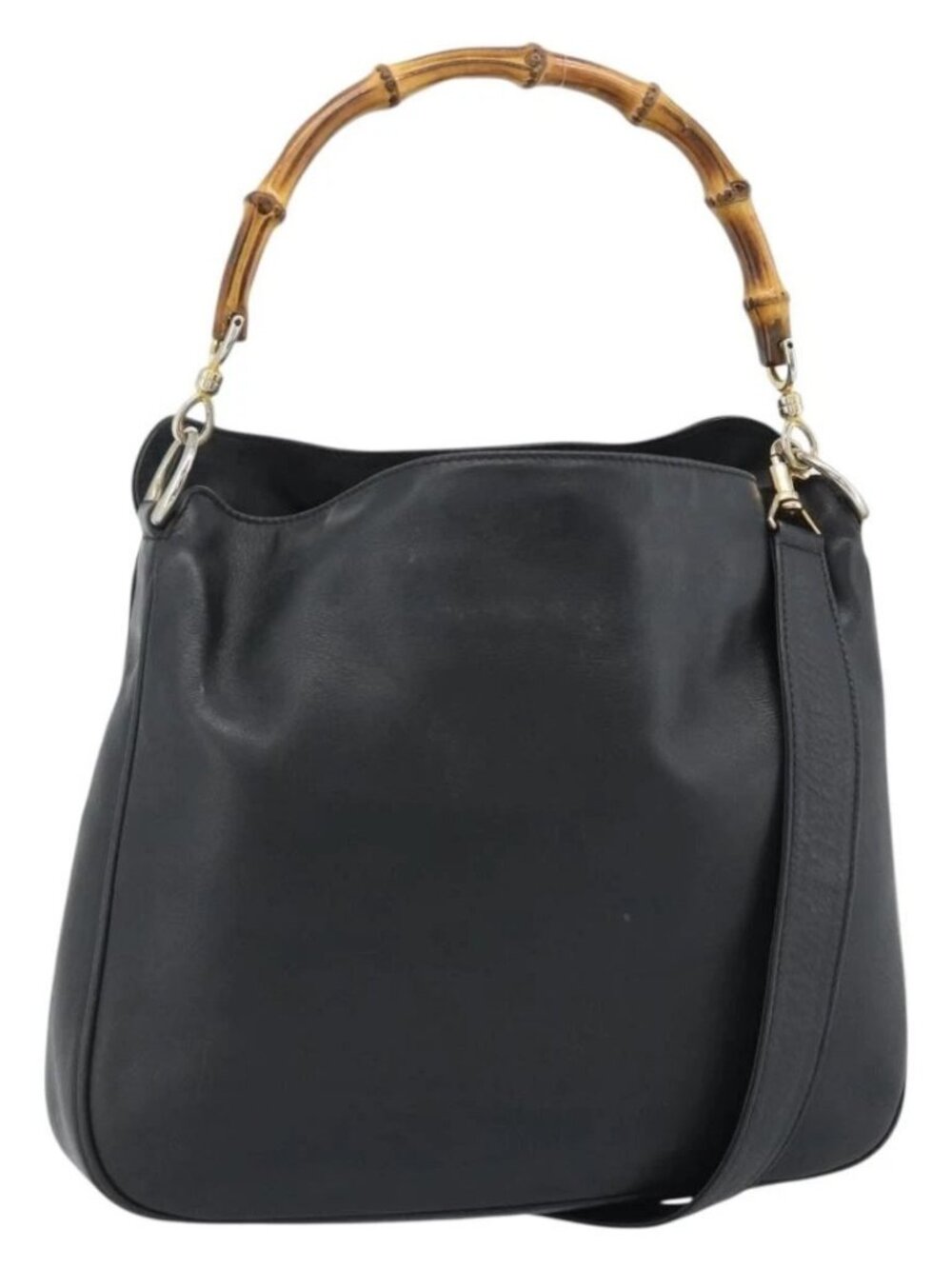 GUCCI Bamboo Hand Bag Leather 2way Black Gold 000 1448 1638 Auth BA13487
